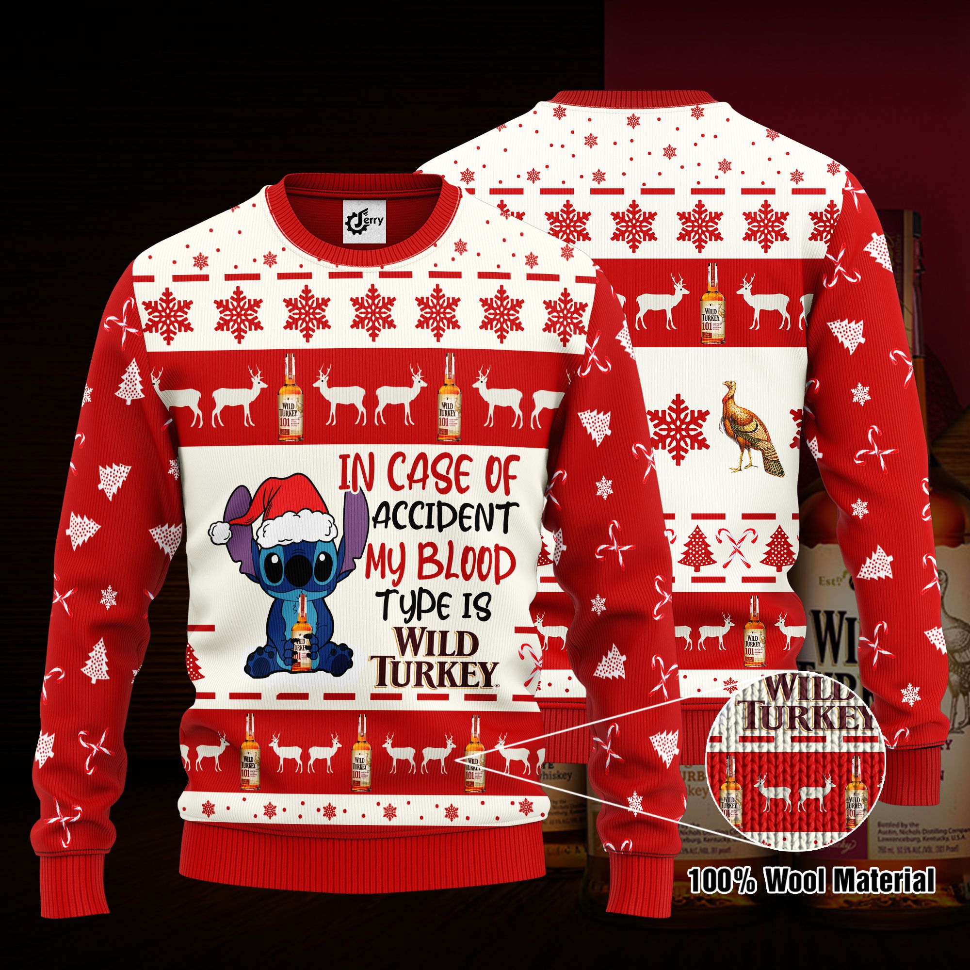 Stitch In Case Of Accident My Blood Type Is Wild Turkey Ugly Christmas Sweater, Hoodie, Zip Hoodie, Bomber Jacket