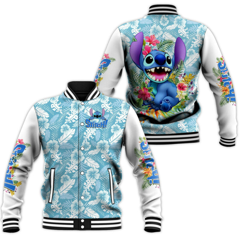 Stitch Tropical Leaves Fashion Baseball Jacket for Men & Women | Cartoon Fan Gift