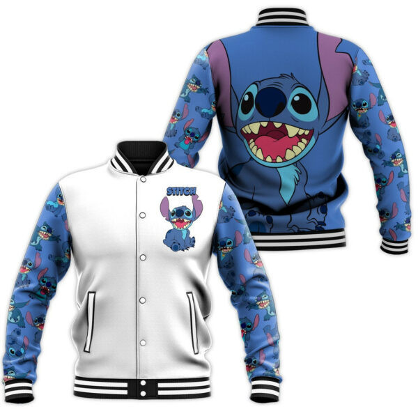 Stitch White Blue Disney Cartoon Baseball Jacket for Men & Women | Cartoon Fan Gift