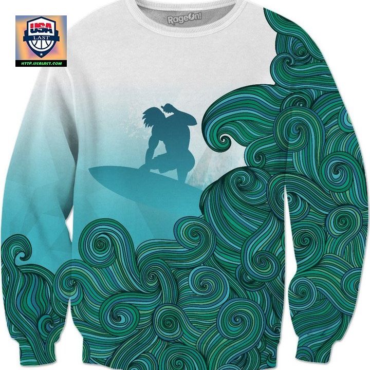 Sweater Surfer Dude Riding Stylized Waves Hangin Ten From His Board