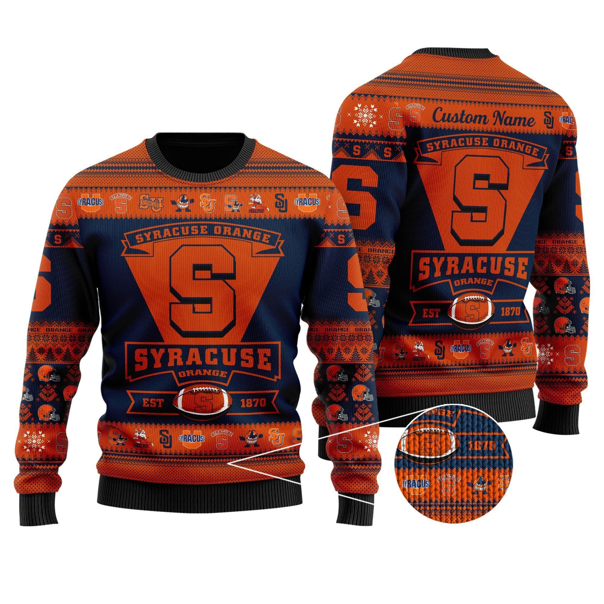 Syracuse Orange Football Team Logo Custom Name Personalized Ugly Christmas Sweater Holiday Party Men Women Plus Size