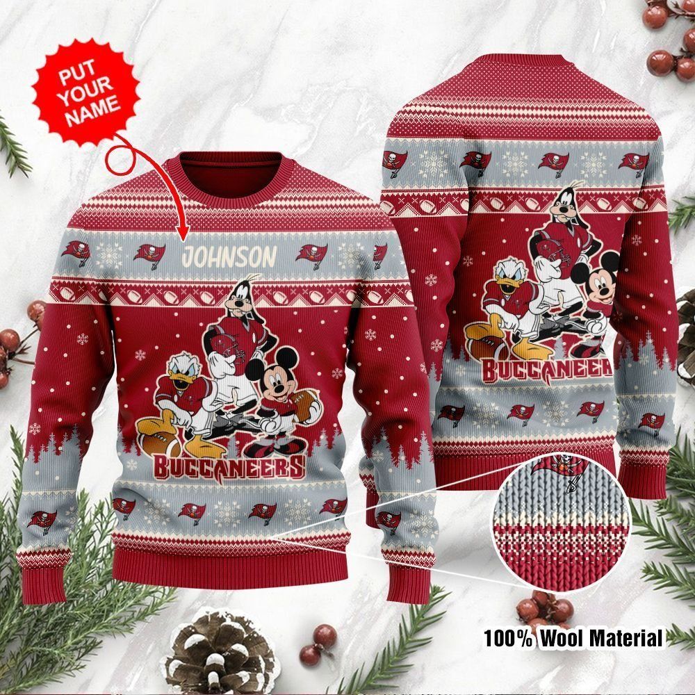 Tampa Bay Buccaneers Disney Donald Duck Mickey Mouse Goofy Custom Name Personalized Ugly Christmas Sweater Holiday Party For Men Women