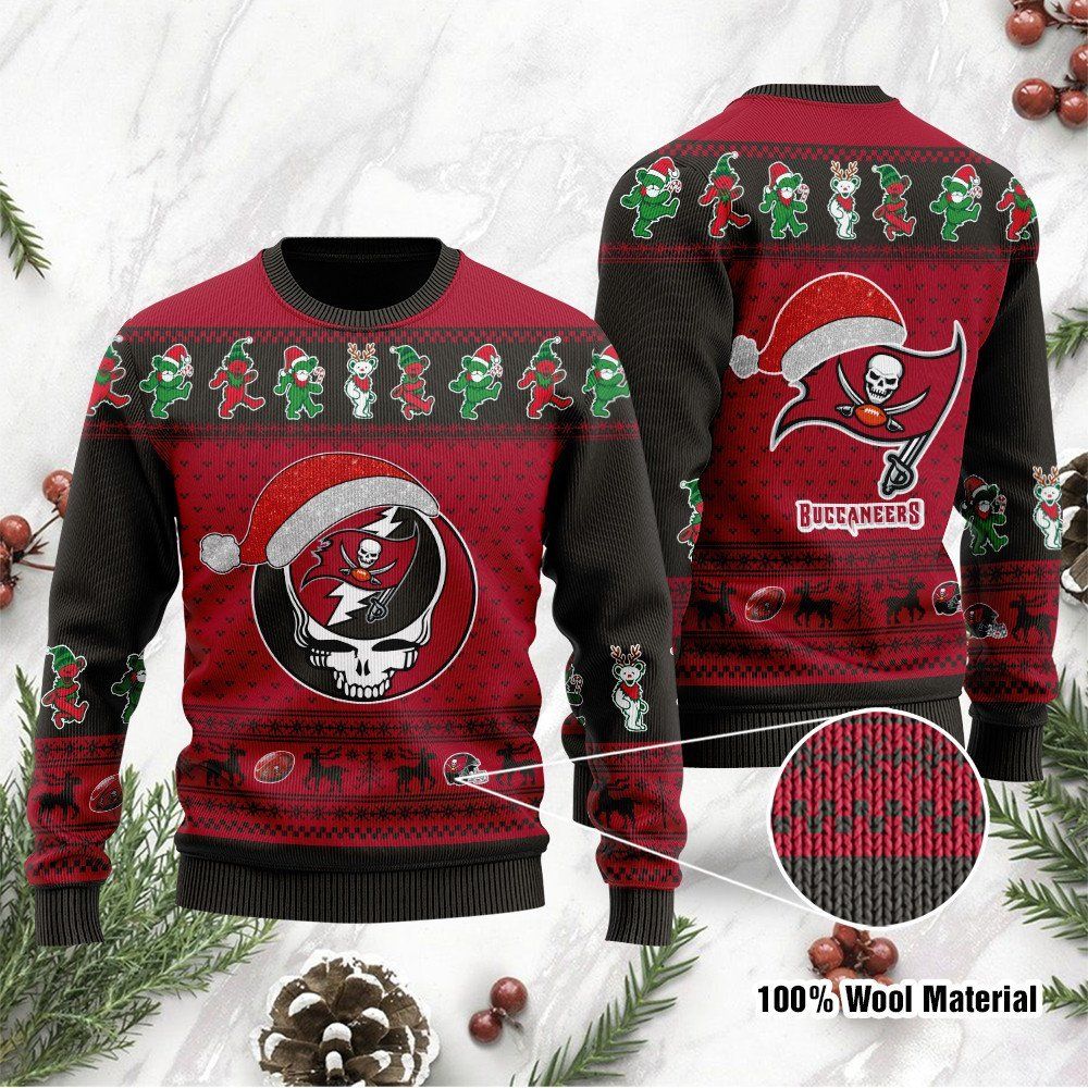 Tampa Bay Buccaneers Grateful Dead SKull And Bears Custom Name Ugly Christmas Sweater NFL Football Christmas