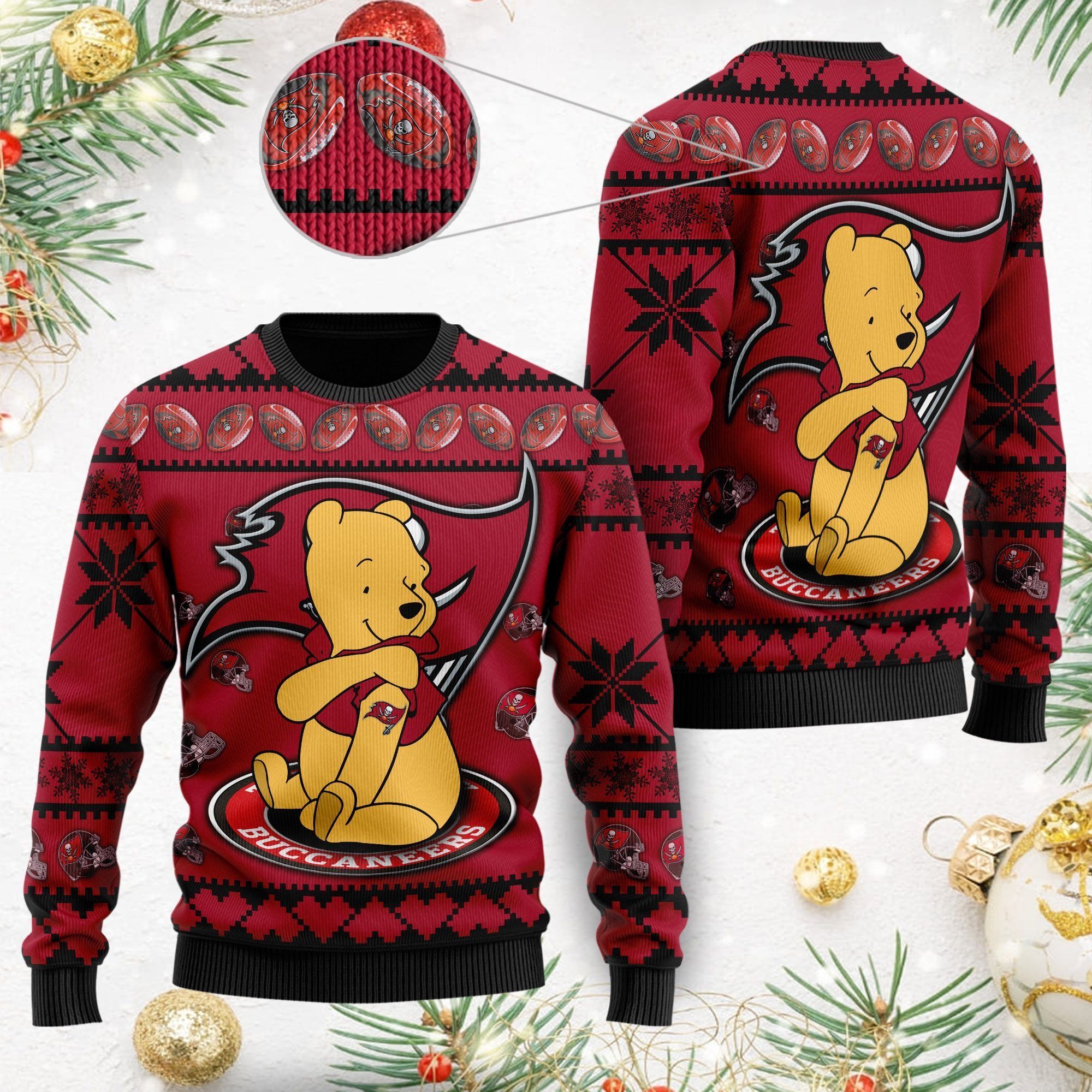 Tampa Bay Buccaneers NFL American Football Team Logo Cute Winnie The Pooh Bear 3D Ugly Christmas Sweater