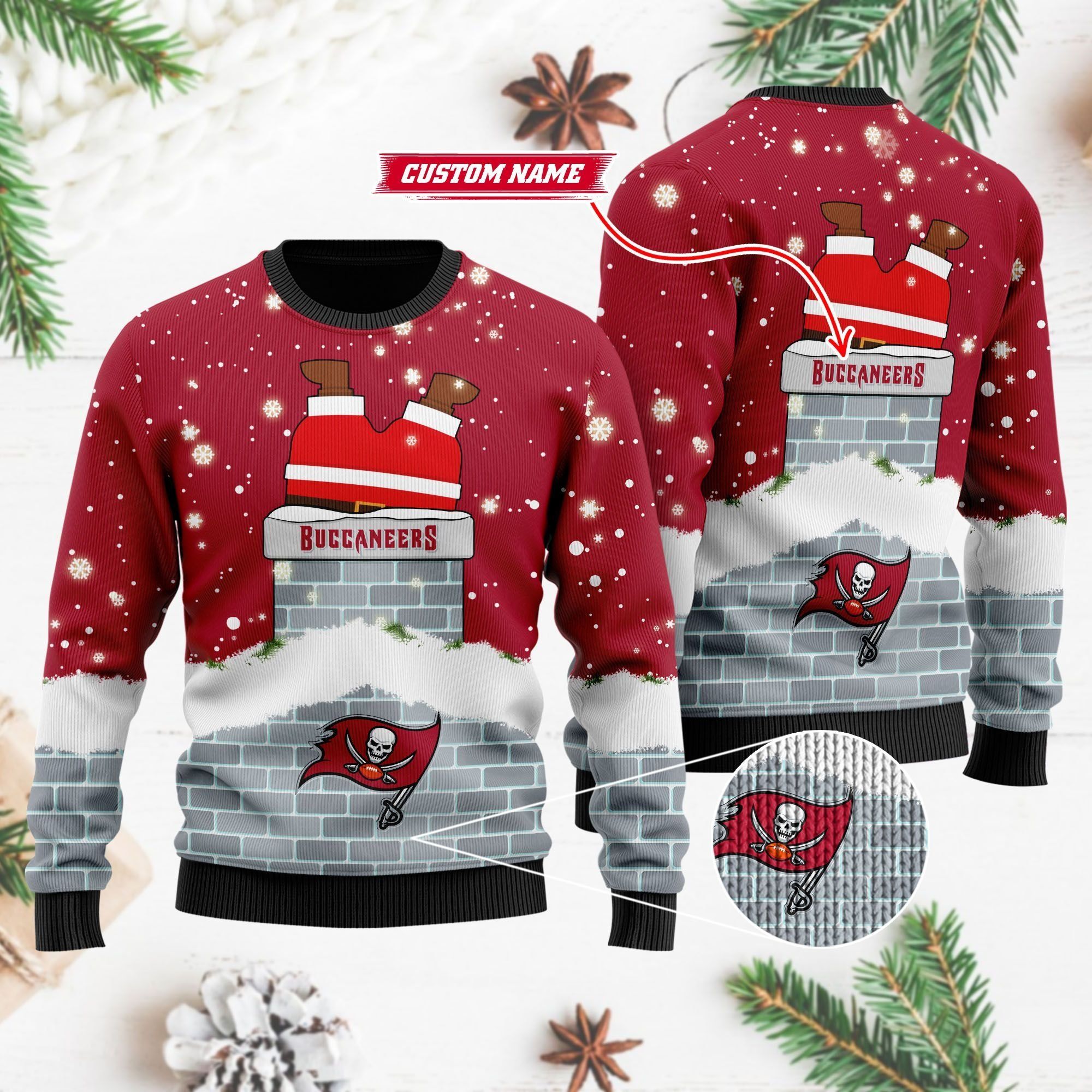 Tampa Bay Buccaneers NFL Football Team Logo Symbol Santa Claus Custom Name Personalized 3D Ugly Christmas Sweater
