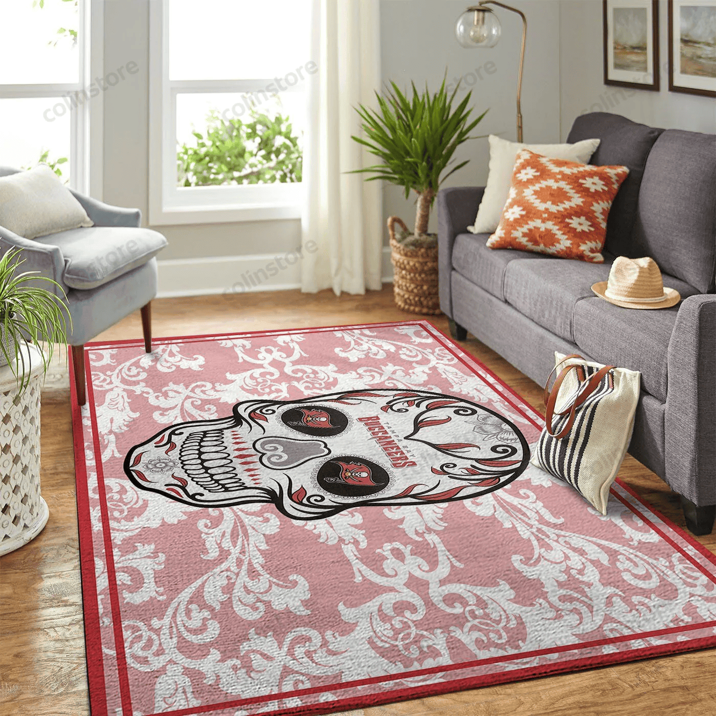 Tampa Bay Buccaneers Team Logo Skull Flower Rectangle Area Rug – Full Print Carpet For Living Room & Bedroom Home Decor