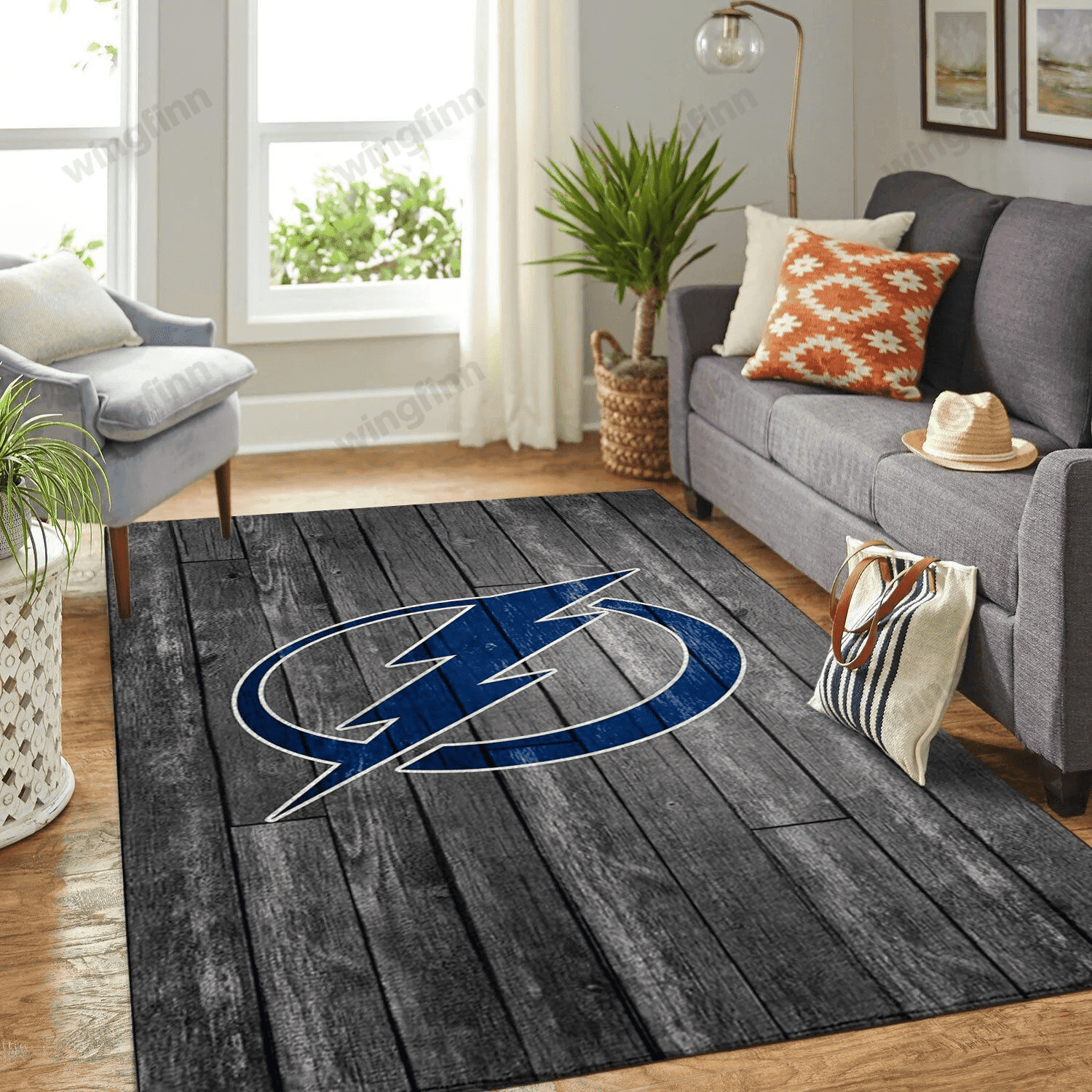 Tampa Bay Lightning Team Logo Grey Rectangle Area Rug – Full Print Carpet For Living Room & Bedroom Home Decor