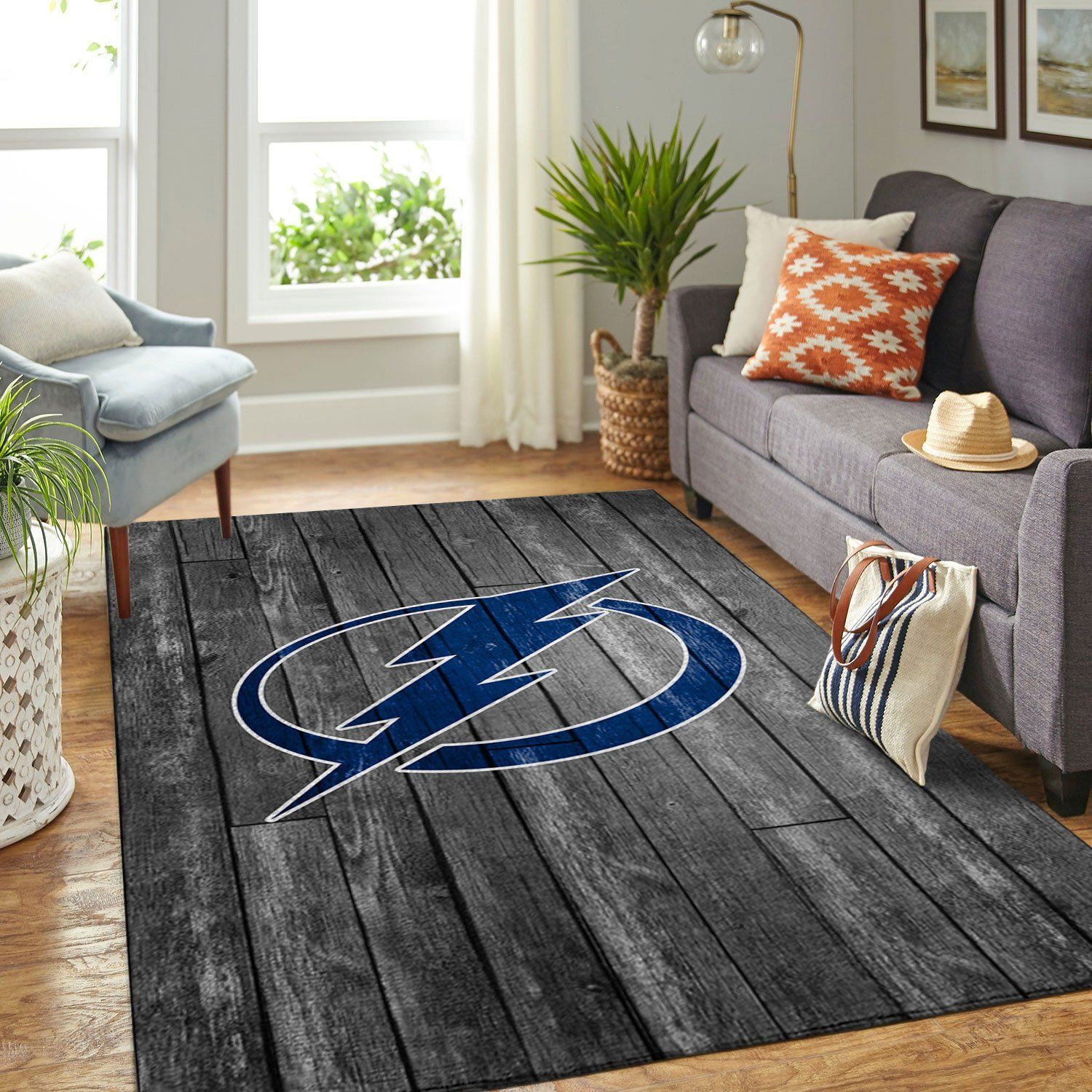 Tampa Bay Lightning Team Logo Grey Wooden Rectangle Area Rug – Full Print Carpet For Living Room & Bedroom Home Decor