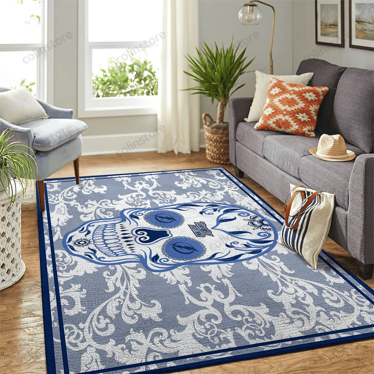 Tampa Bay Lightning Team Logo Skull Flower Rectangle Area Rug – Full Print Carpet For Living Room & Bedroom Home Decor