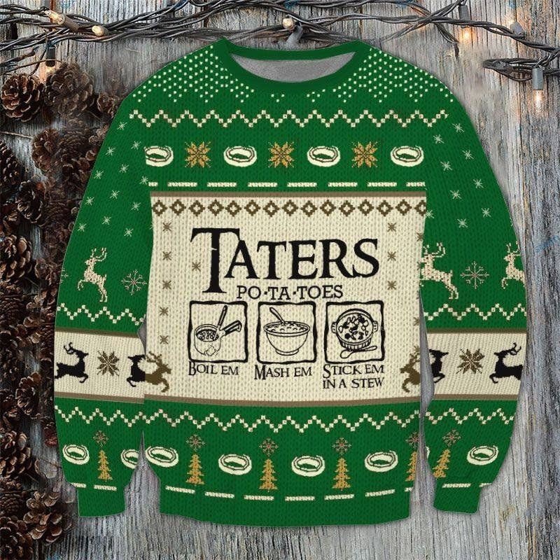 Taters Potatoes LOTR Green Knitted Sweater Ugly Christmas Sweater