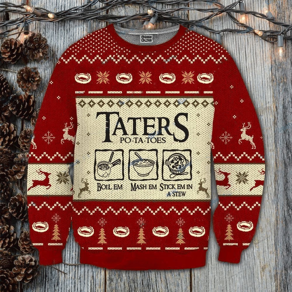 Taters Potatoes LOTR Red Knitted Sweater Ugly Christmas Sweater