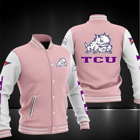 TCU Horned Frogs Pink White Varsity Baseball Jacket for Men & Women | NCAA Team Fan Gift