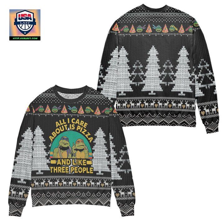 Teenage Mutant Ninja Turtles All I Care About Is Pizza Pine Tree Ugly Christmas Sweater Black