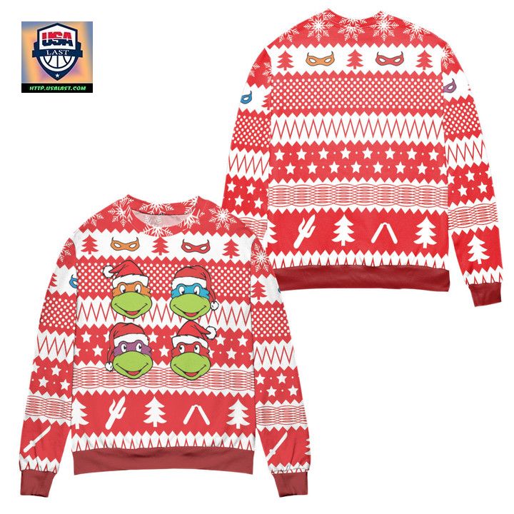 Teenage Mutant Ninja Turtles Pine Tree and Stars Ugly Christmas Sweater Red