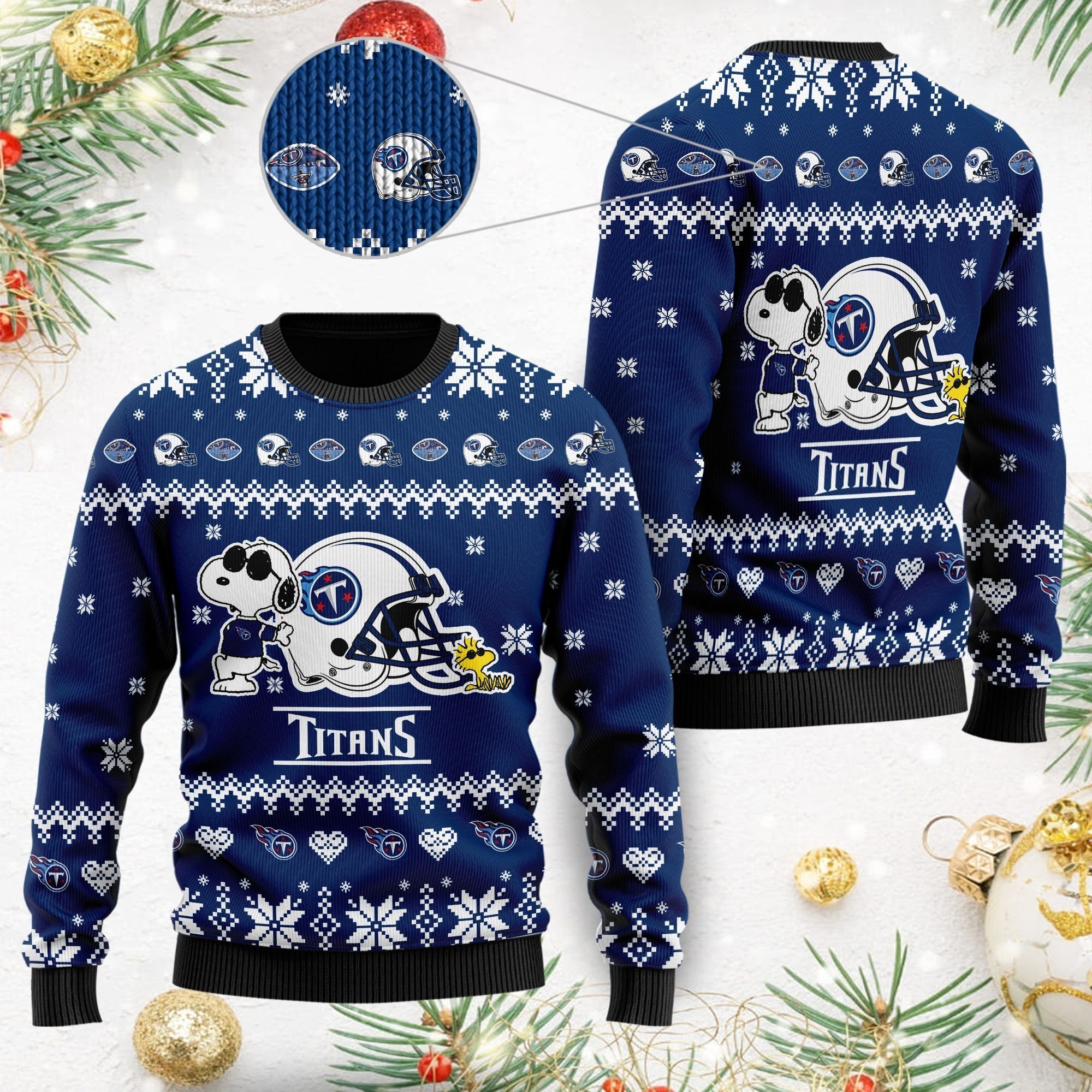 Tennessee Titans Cute The Snoopy Show Football Helmet 3D All Over Print Ugly Christmas Sweater For American Football Players And Fans On Christmas Days