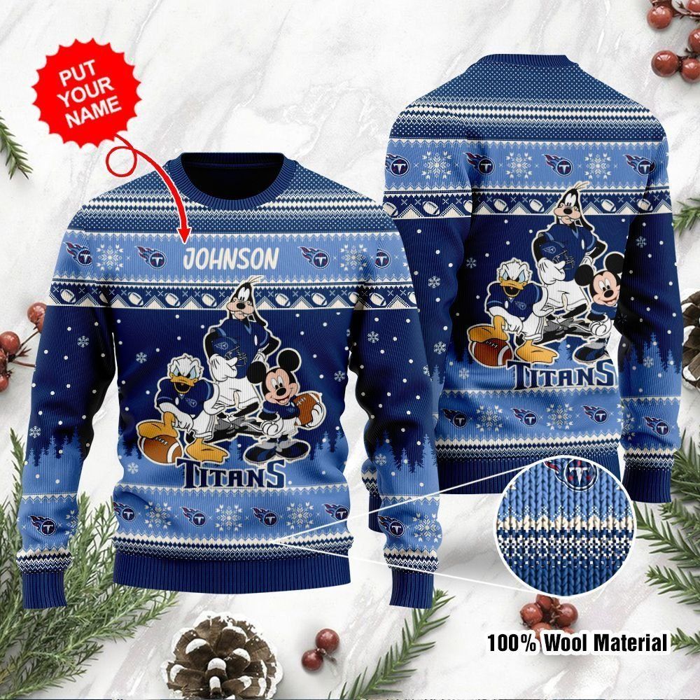 Tennessee Titans Disney Donald Duck Mickey Mouse Goofy Custom Name Personalized Ugly Christmas Sweater Holiday Party For Men Women