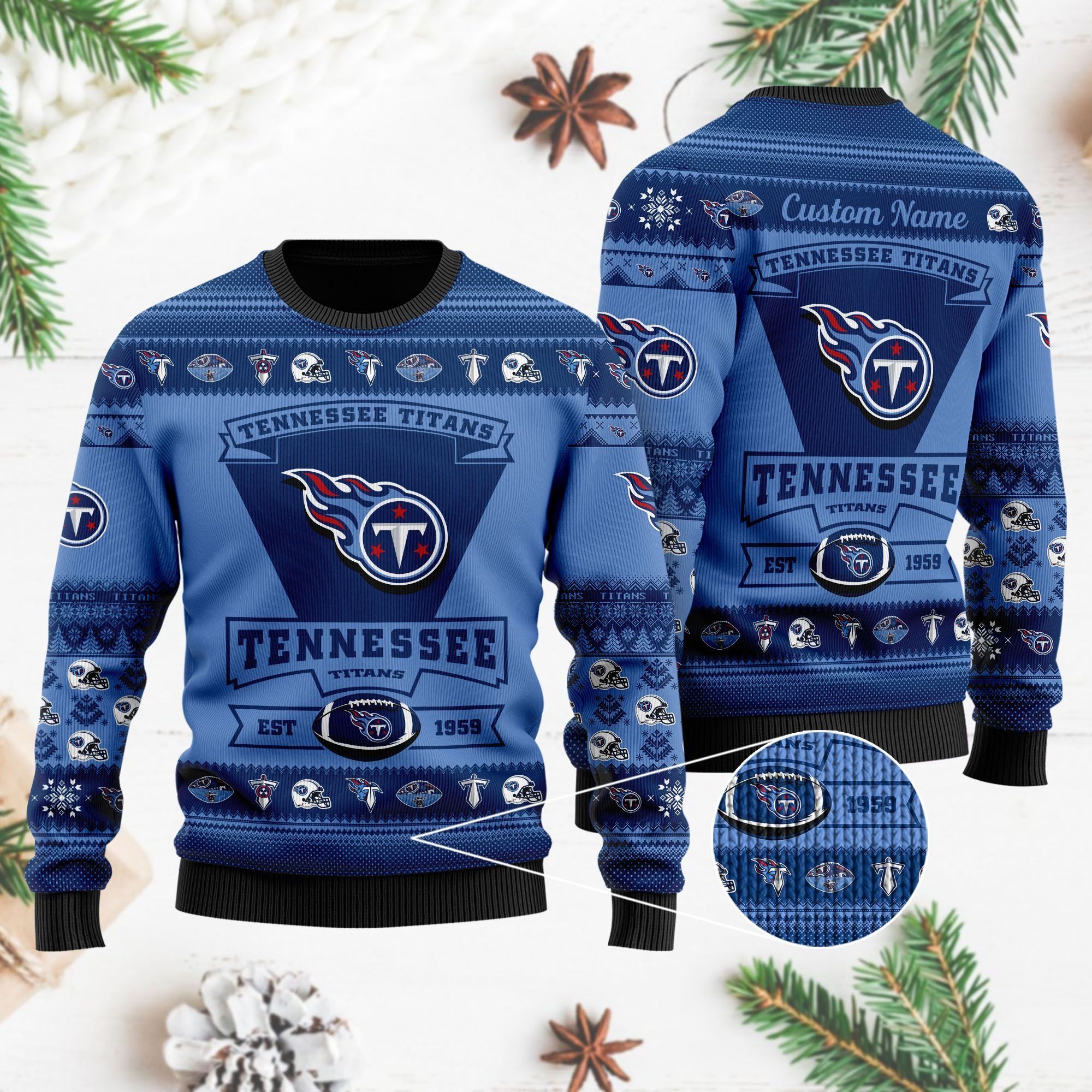 Tennessee Titans Football Team Logo Custom Name Personalized Ugly Christmas Sweater Holiday Party Men Women Plus Size