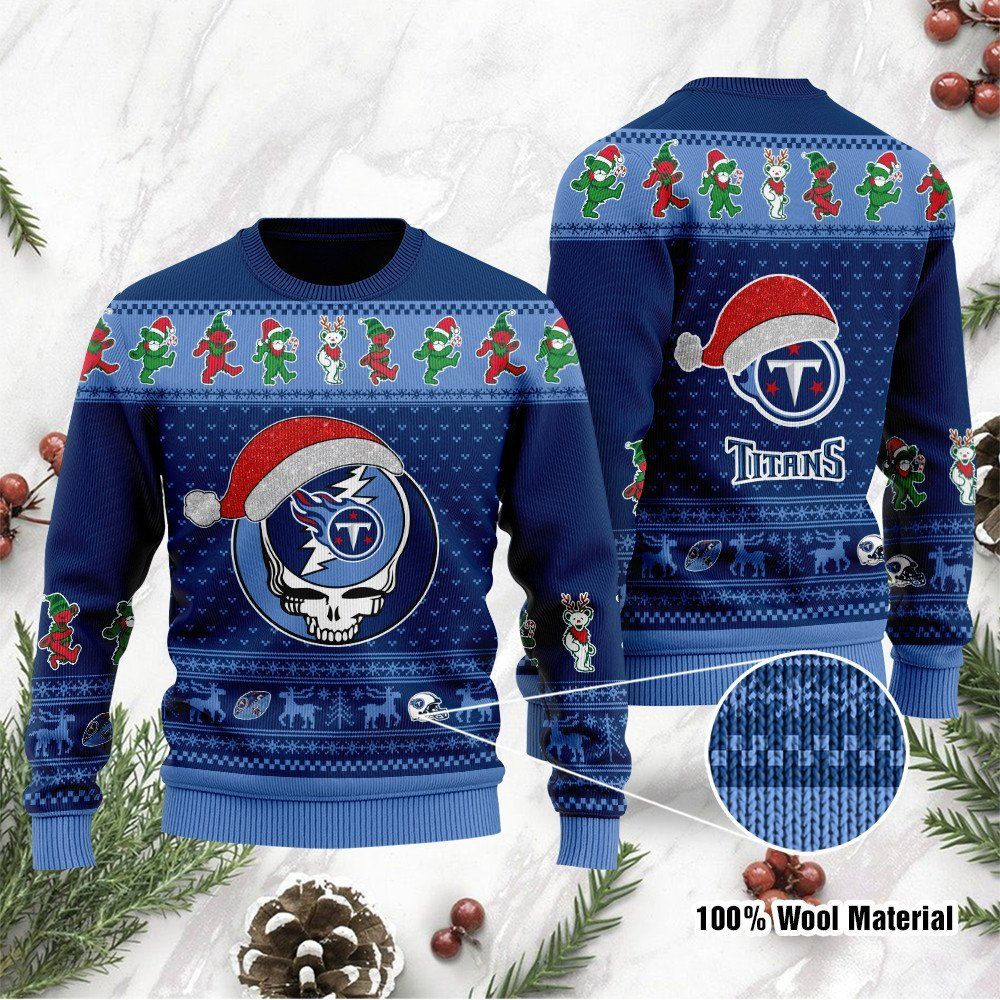 Tennessee Titans Grateful Dead SKull And Bears Custom Name Ugly Christmas Sweater NFL Football Christmas
