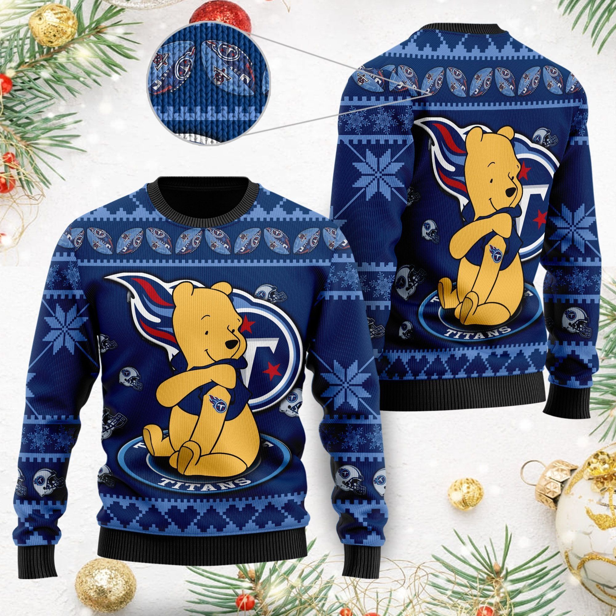 Tennessee Titans NFL American Football Team Logo Cute Winnie The Pooh Bear 3D Ugly Christmas Sweater