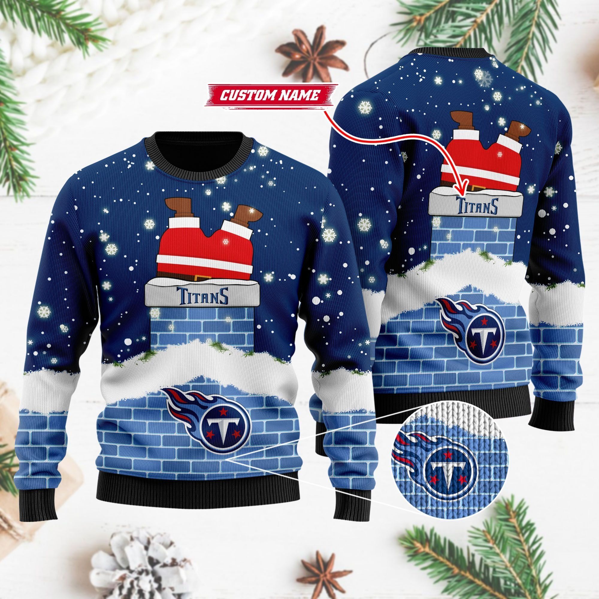 Tennessee Titans NFL Football Team Logo Symbol Santa Claus Custom Name Personalized 3D Ugly Christmas Sweater