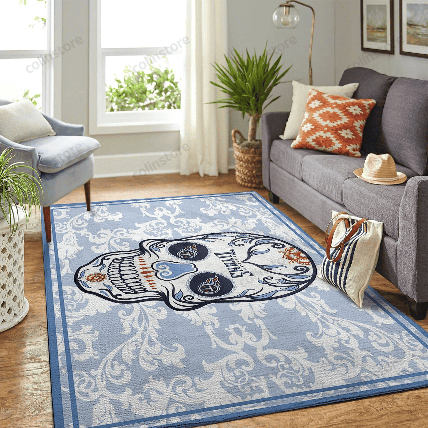 Tennessee Titans Team Logo Skull Flower Rectangle Area Rug – Full Print Carpet For Living Room & Bedroom Home Decor