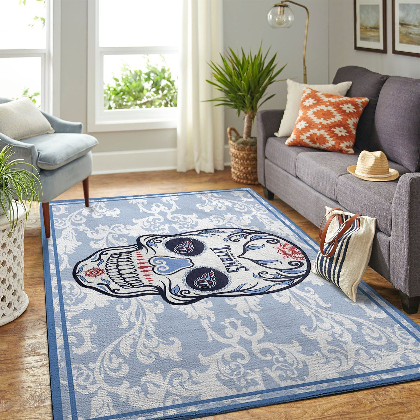 Tennessee Titans Team Logo Skull Flower Rectangle Area Rug – Full Print Carpet For Living Room & Bedroom Home Decor