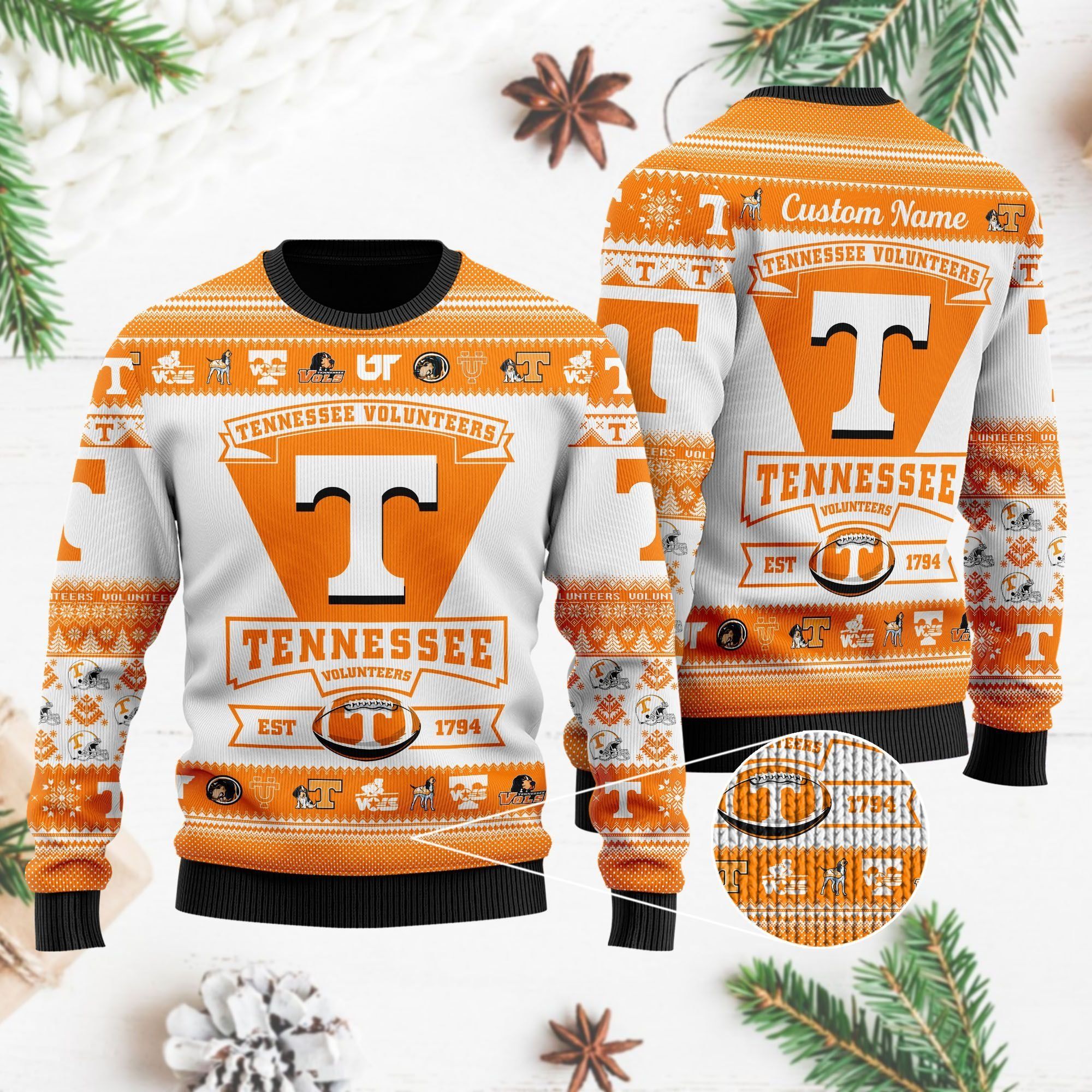 Tennessee Volunteers Football Team Logo Custom Name Personalized Ugly Christmas Sweater Holiday Party Men Women Plus Size