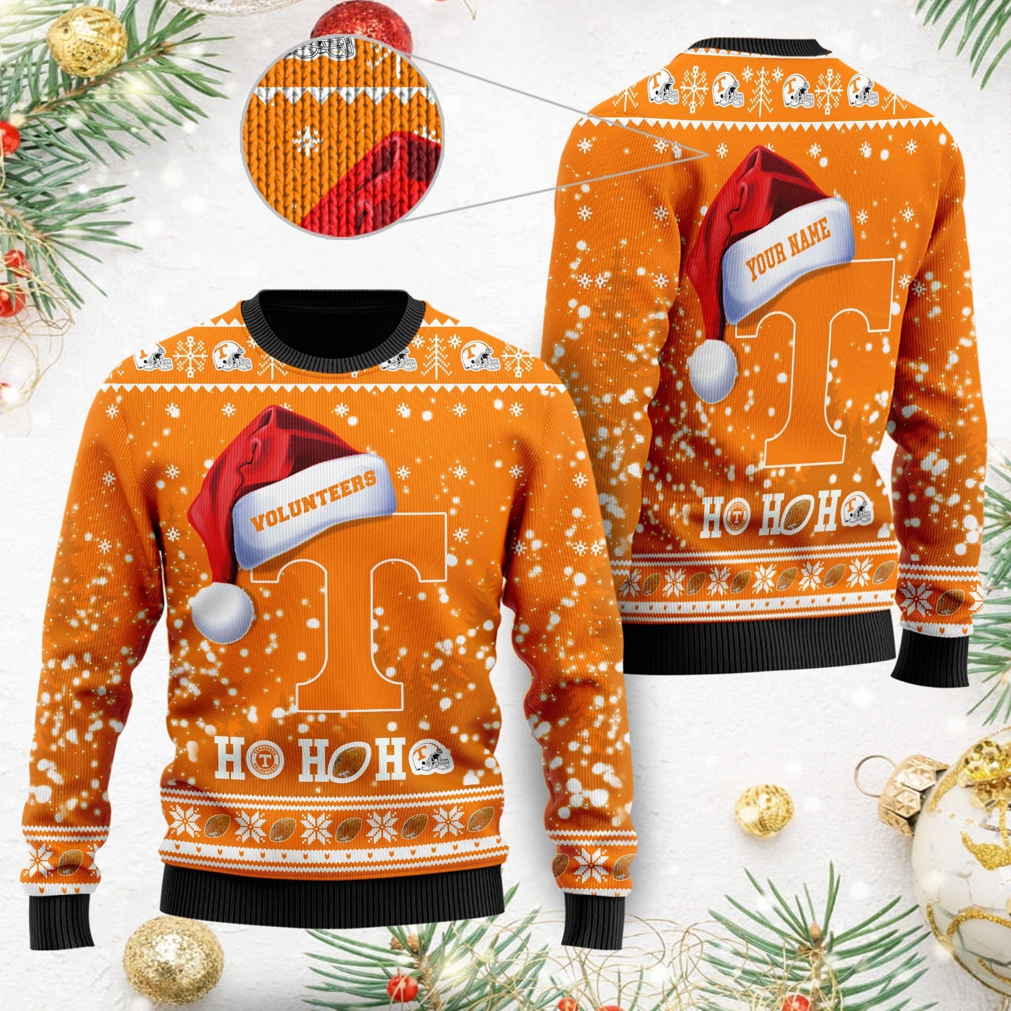 Tennessee Volunteers NCAA Symbol Wearing Santa Claus Hat Cute Pattern Ho Ho Ho Custom Personalized Ugly Christmas Sweater For Football Fans On Xmas Party