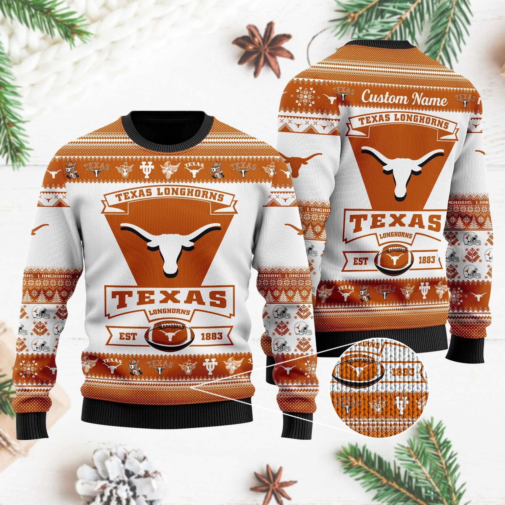 Texas Longhorns Football Team Logo Custom Name Personalized Ugly Christmas Sweater Holiday Party Men Women Plus Size