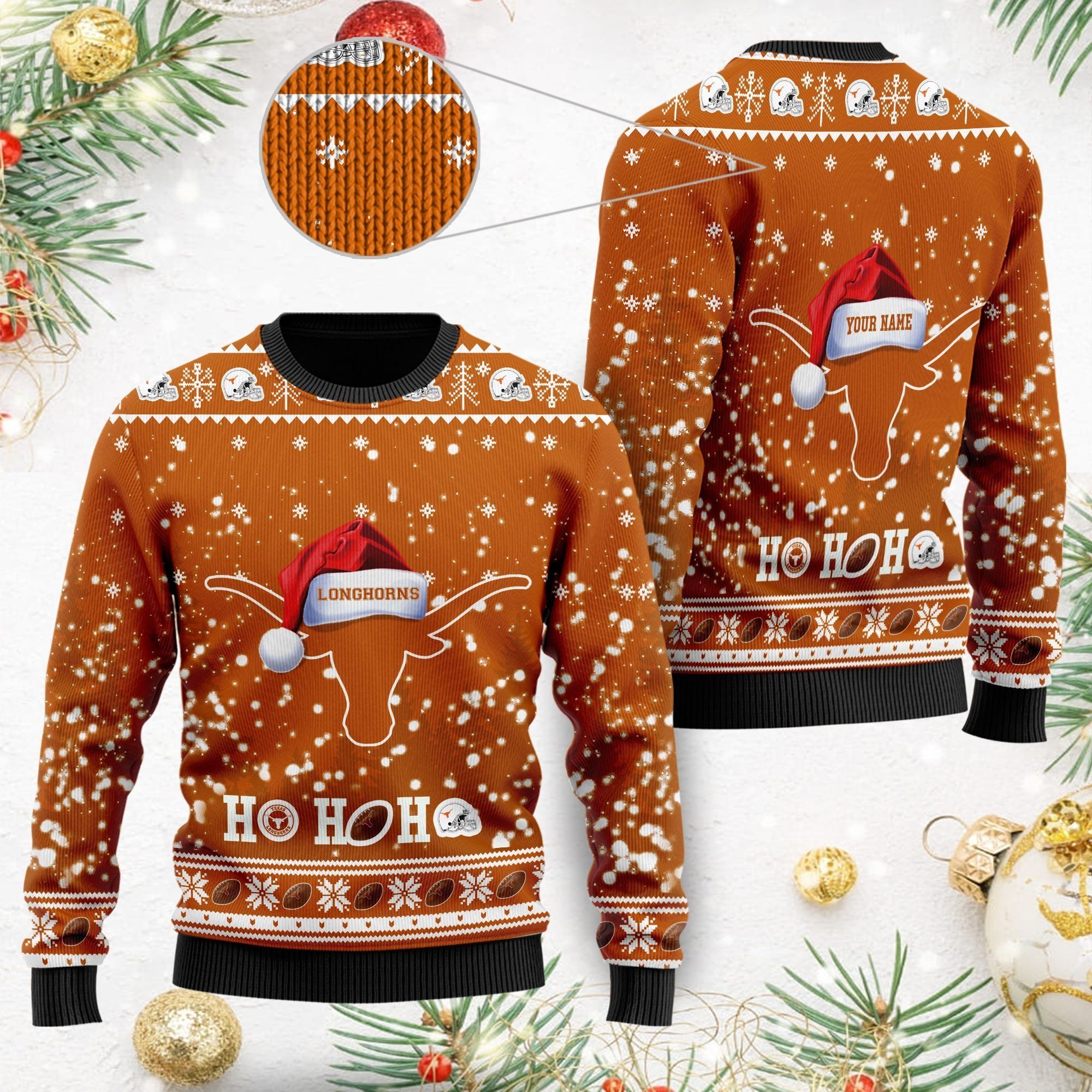 Texas Longhorns NCAA Symbol Wearing Santa Claus Hat Cute Pattern Ho Ho Ho Custom Personalized Ugly Christmas Sweater For Football Fans On Xmas Party