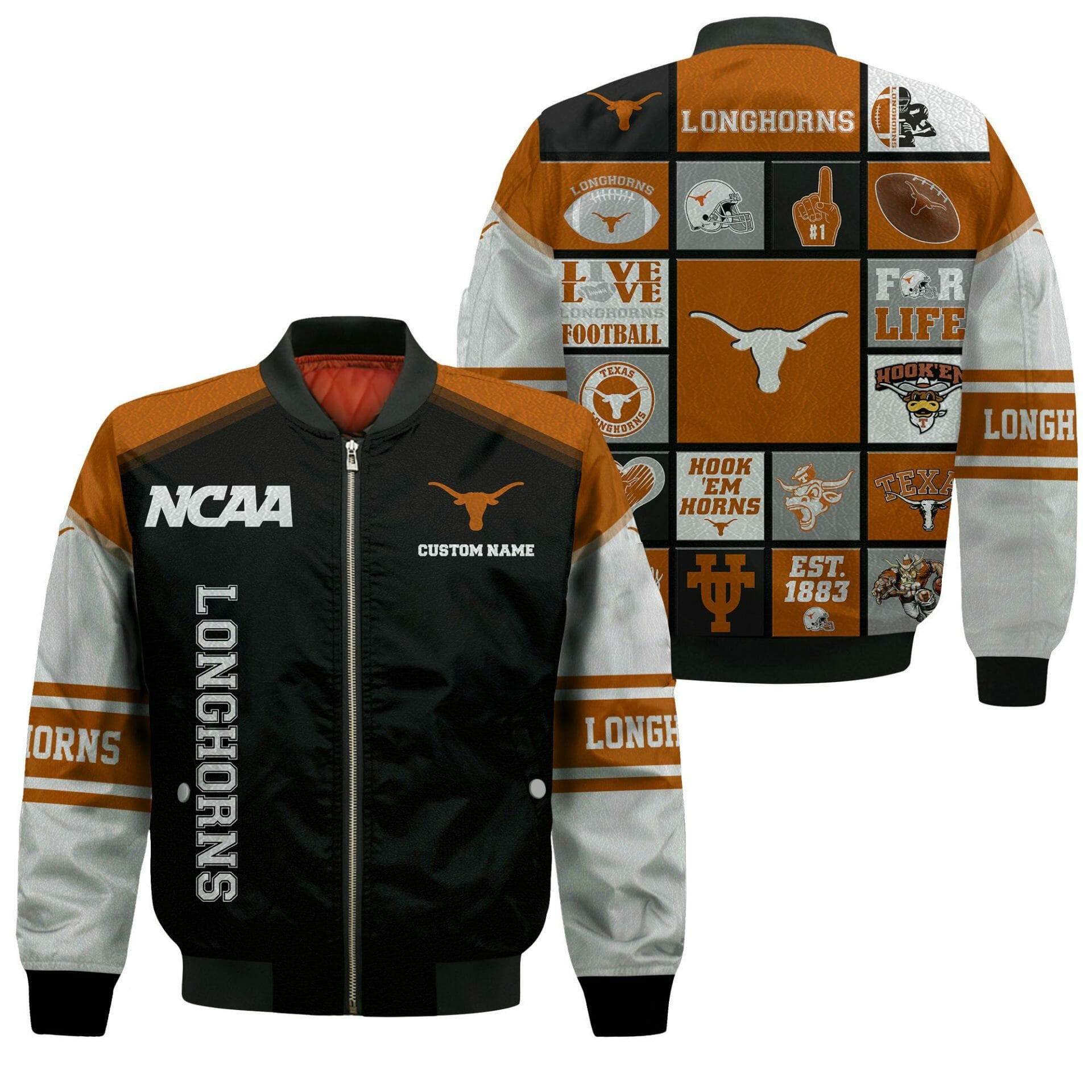 Texas Longhorns Personalized Black Bomber Jacket | NCAA College Team Jacket for Men & Women | Sports Fan Gift
