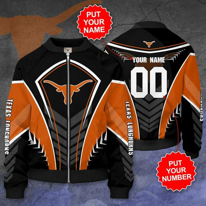 Texas Longhorns Personalized Name Number Black Orange Bomber Jacket | NCAA College Team Jacket for Men & Women | Sports Fan Gift
