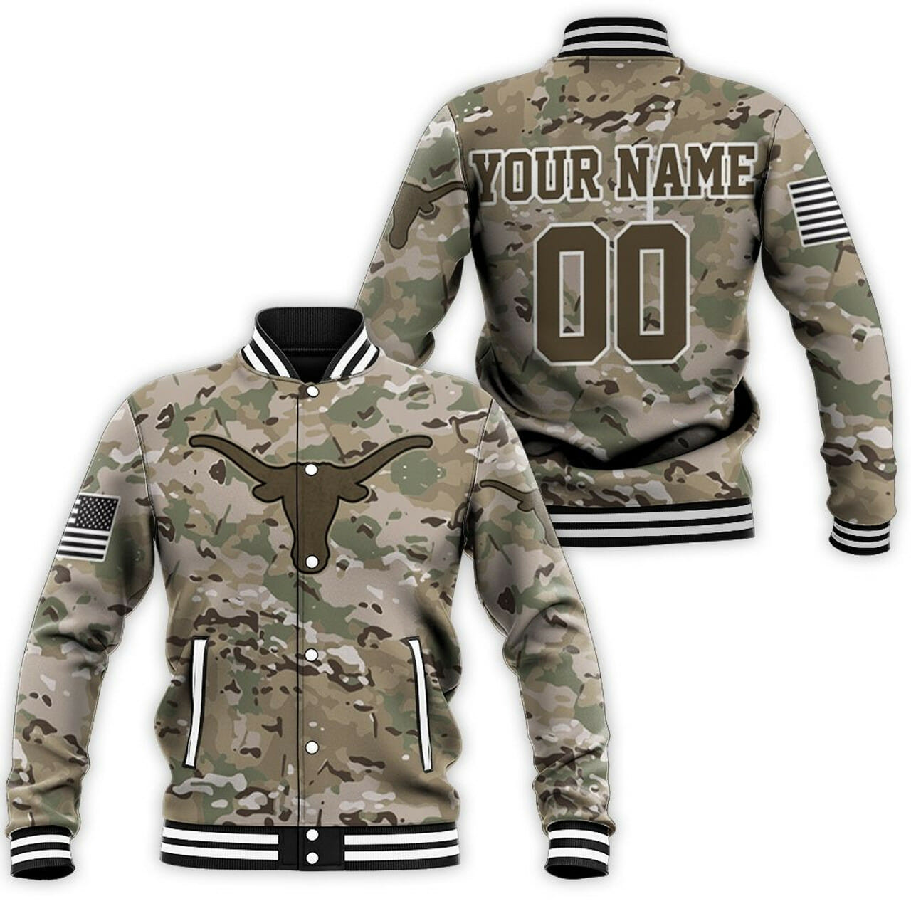 Texas Longhorns Personalized Name Number Camo Varsity Baseball Jacket for Men & Women | NCAA Team Fan Gift