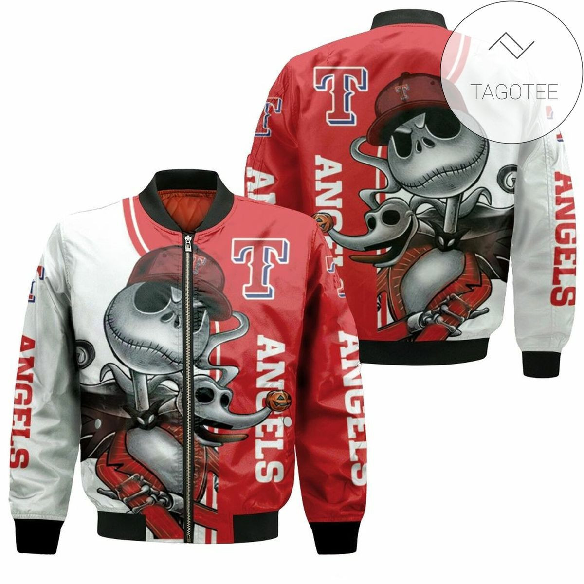 Texas Rangers Jack Skellington And Zero Bomber Jacket | MLB Team Jacket for Men & Women | Baseball Fan Gift