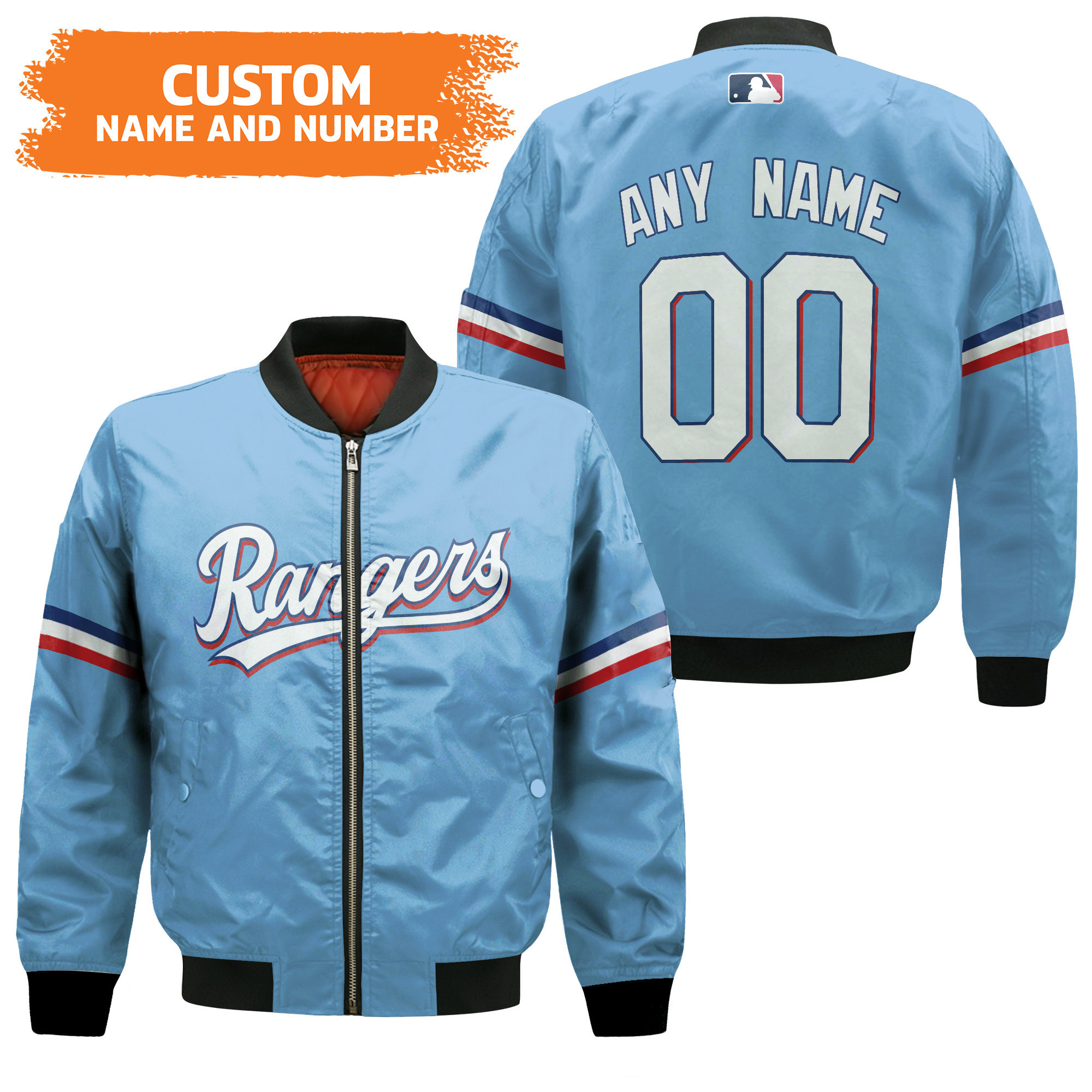 Texas Rangers Personalized Name Number Light Blue Bomber Jacket | MLB Team Jacket for Men & Women | Baseball Fan Gift