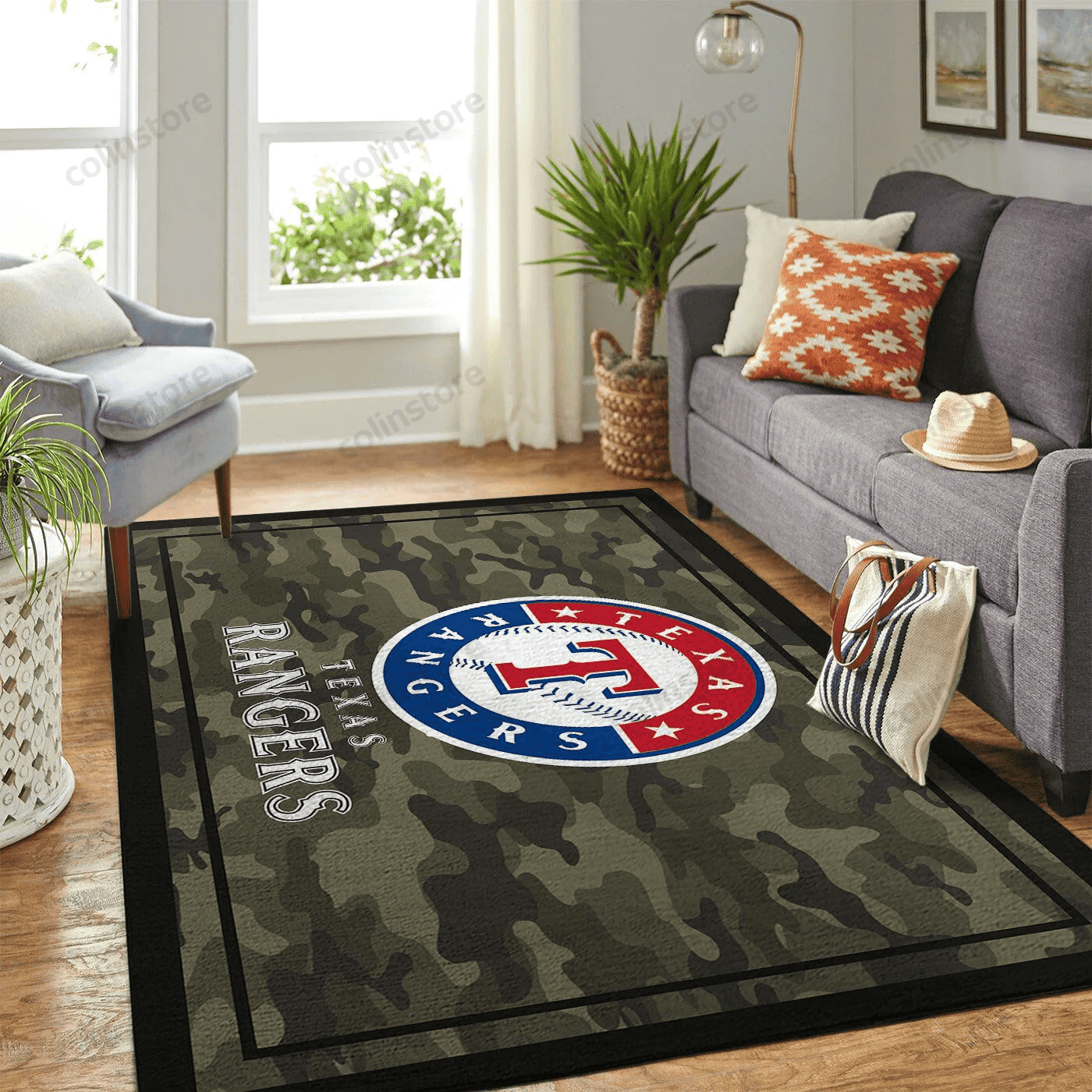 Texas Rangers Team Logo Camo Rectangle Area Rug – Full Print Carpet For Living Room & Bedroom Home Decor