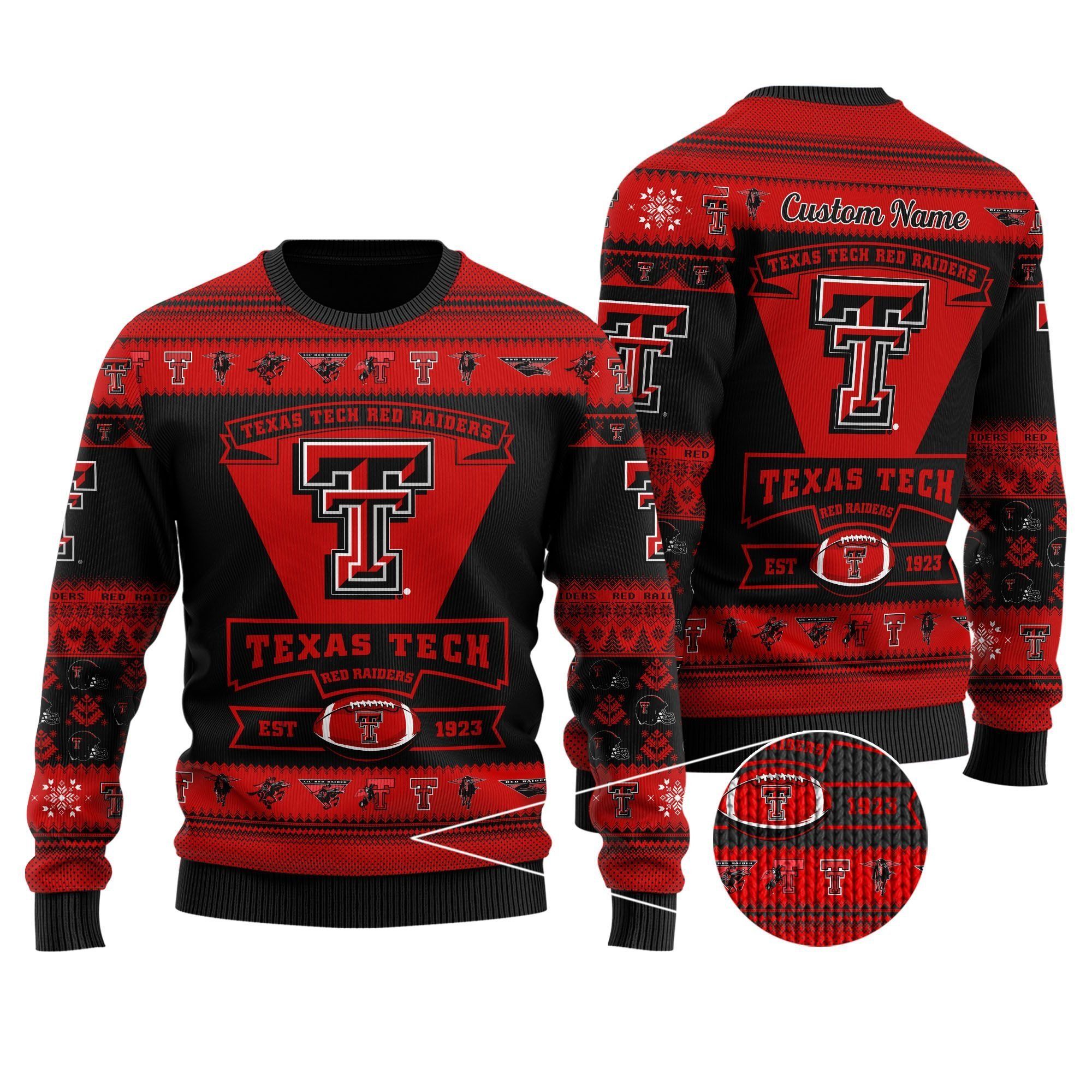 Texas Tech Red Raiders Football Team Logo Custom Name Personalized Ugly Christmas Sweater Holiday Party Men Women Plus Size