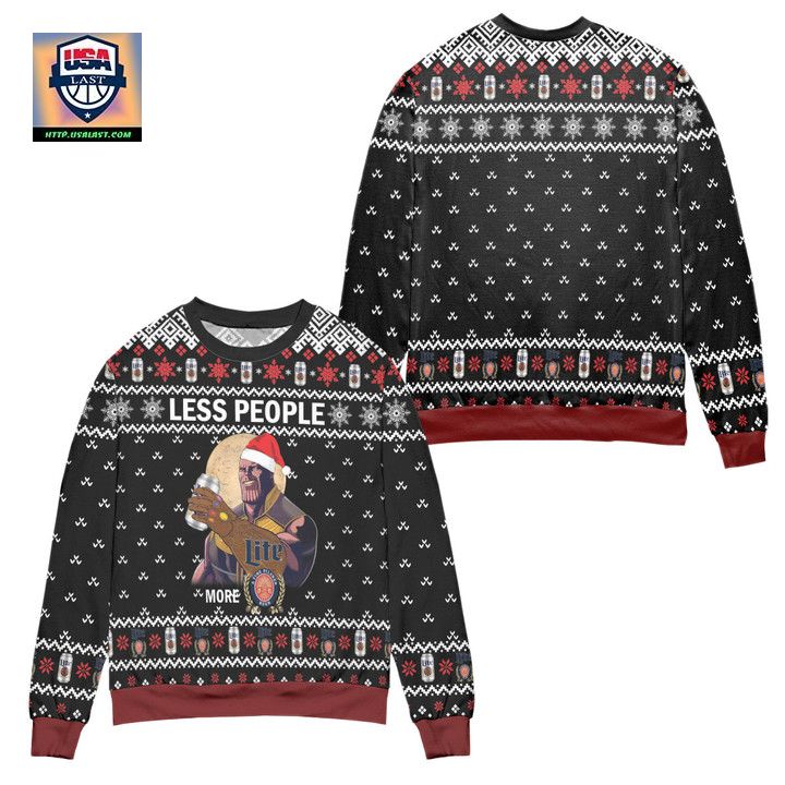 Thanos Less People More Miller Lite Snowflake Pattern Ugly Christmas Sweater Black