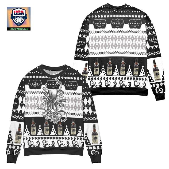The Kraken Spiced Rum Argyle Pattern Ugly Christmas Sweater Black