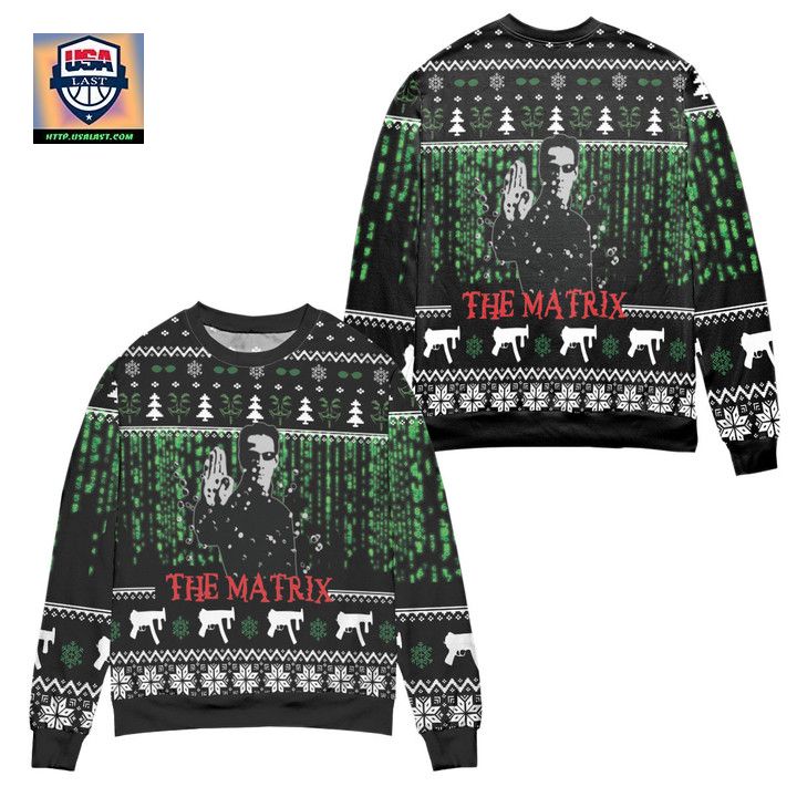 The Matrix Snowflake Pine Tree Pattern Ugly Christmas Sweater Black