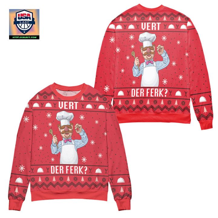 The Swedish Chef Vert Der Ferk The Muppet Show Snowflake Pattern Ugly Christmas Sweater Red