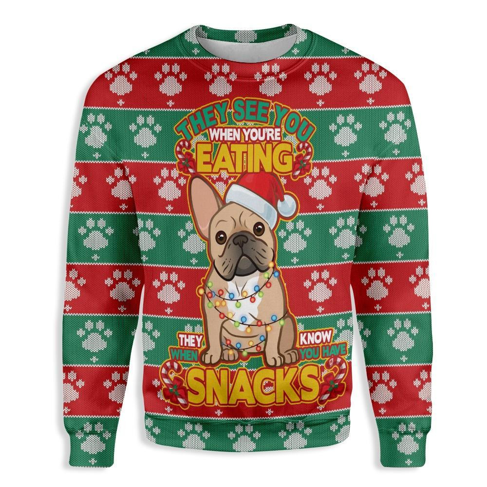 They See You When Youre Eating Christmas French Bulldog Ugly Christmas Sweater, Perfect Holiday Gift