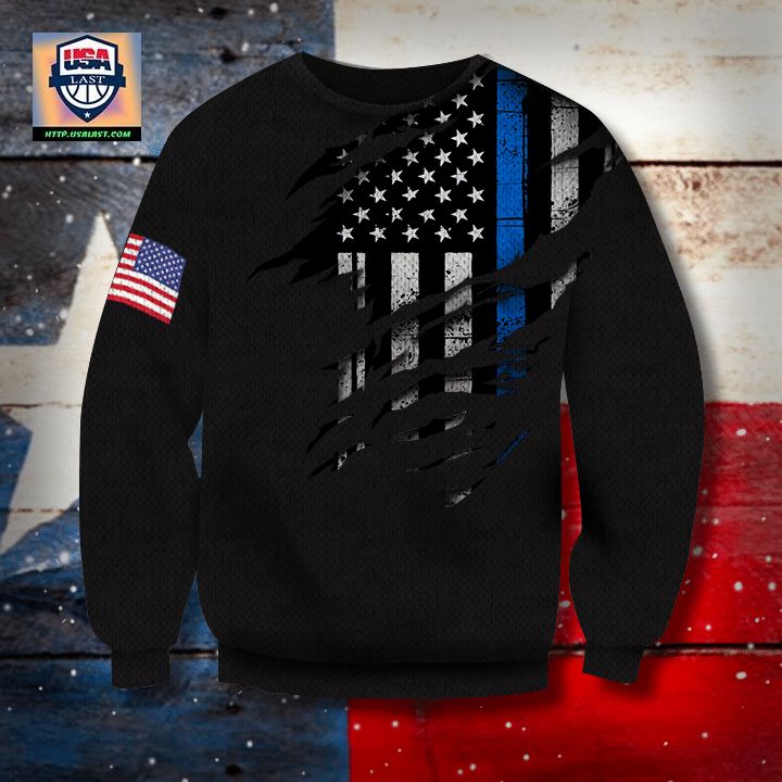 Thin Blue Line And American Flag 3D Sweater Honor Respect Sweater Winter Gifts For Unisex