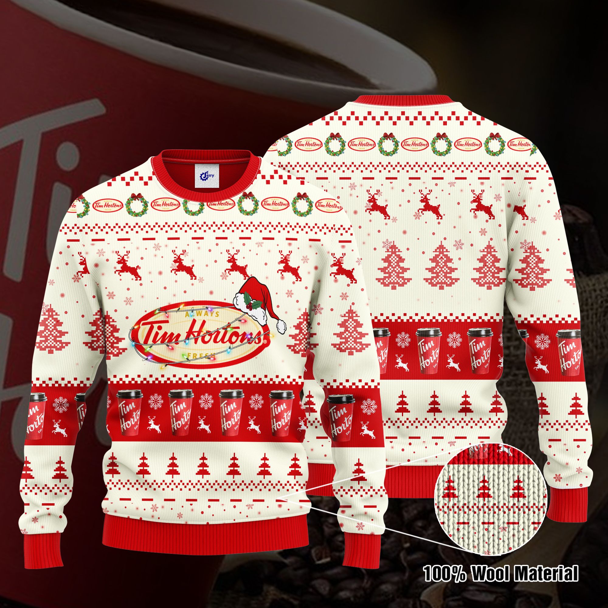 Tim Hortons Santa Hat Christmas Ugly Christmas Sweater, Hoodie, Zip Hoodie, Bomber Jacket