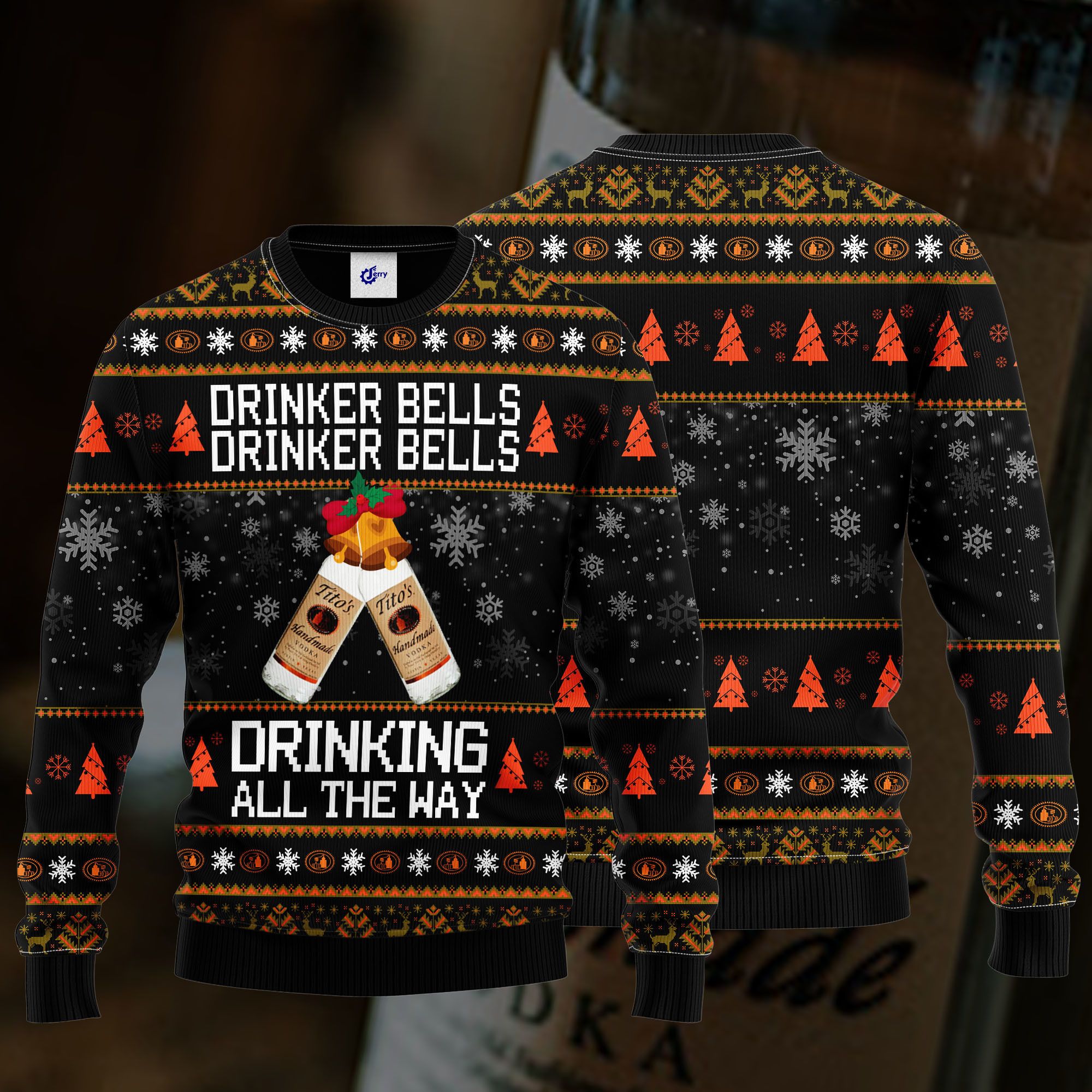 Tito'S Drinker Bells Drinker Bells Drinking All The Way Ugly Christmas Sweater