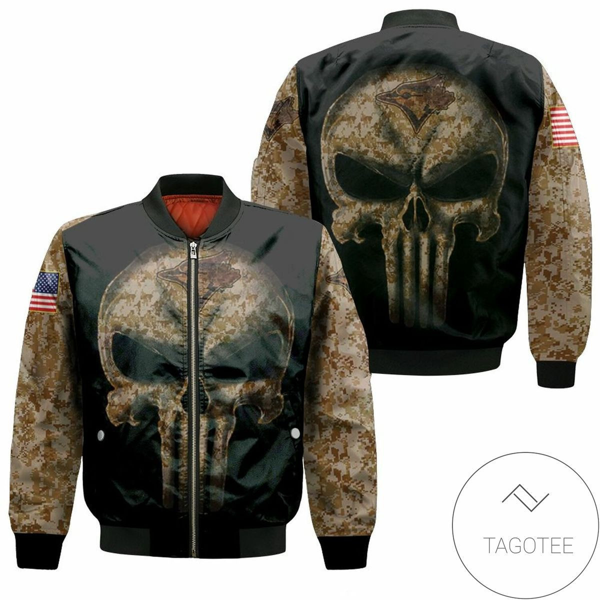 Toronto Blue Jays Camouflage Skull American Flag Bomber Jacket | MLB Team Jacket for Men & Women | Baseball Fan Gift