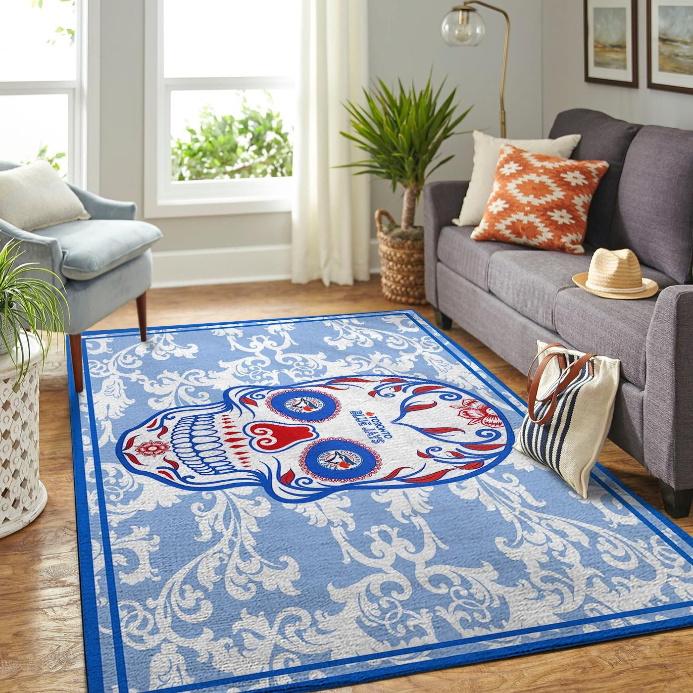 Toronto Blue Jays Team Logo Skull Rectangle Area Rug – Full Print Carpet For Living Room & Bedroom Home Decor