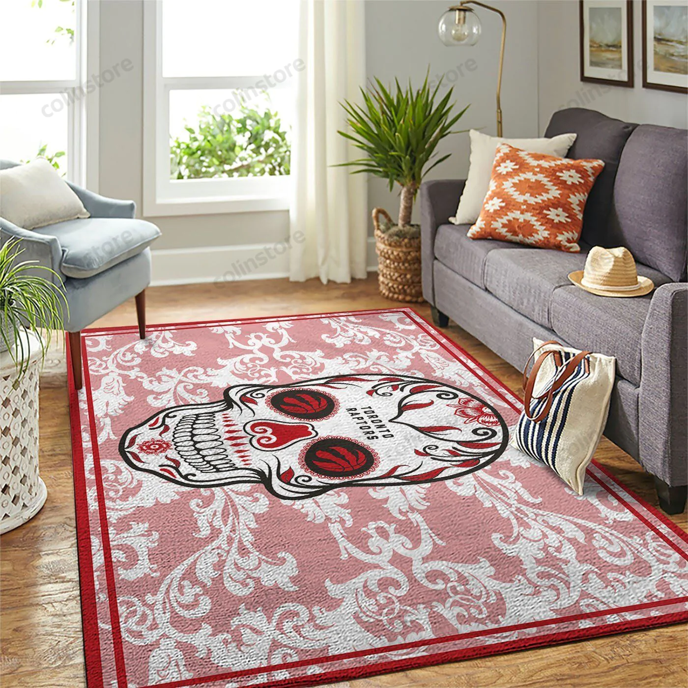Toronto Raptors Team Logo Skull Flower Rectangle Area Rug – Full Print Carpet For Living Room & Bedroom Home Decor