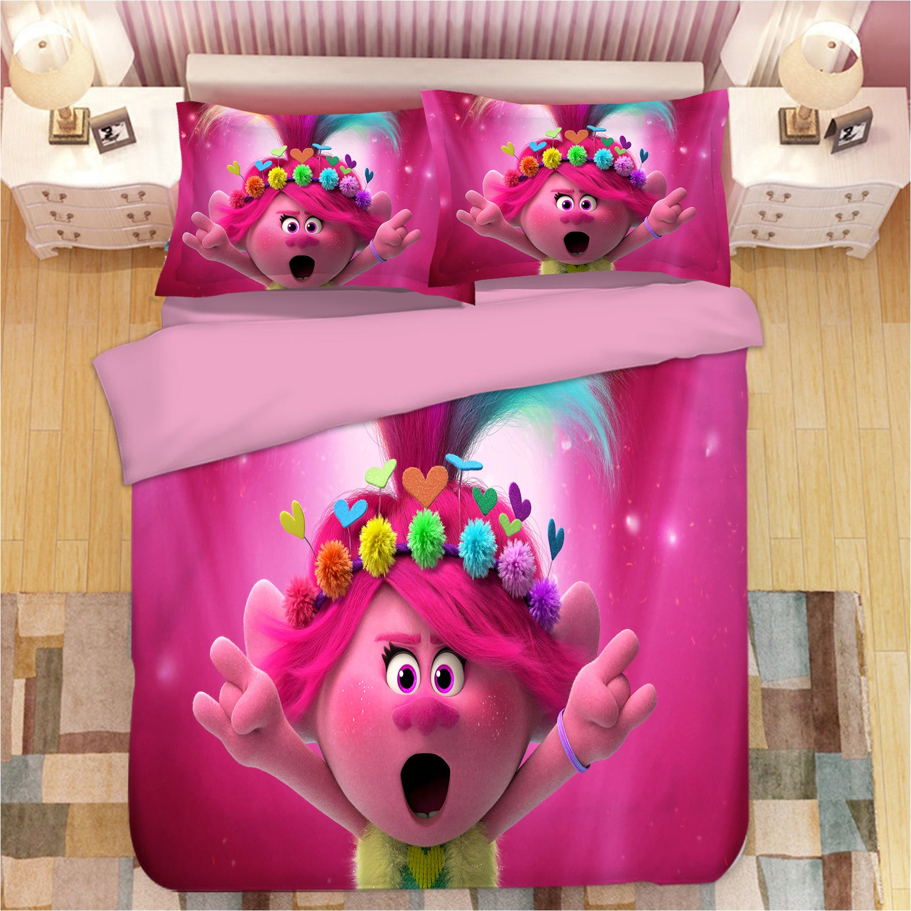 Trolls Poppy Duvet Cover Quilt Cover Pillowcase Bedding Set Bed Linen Home Bedroom Decor