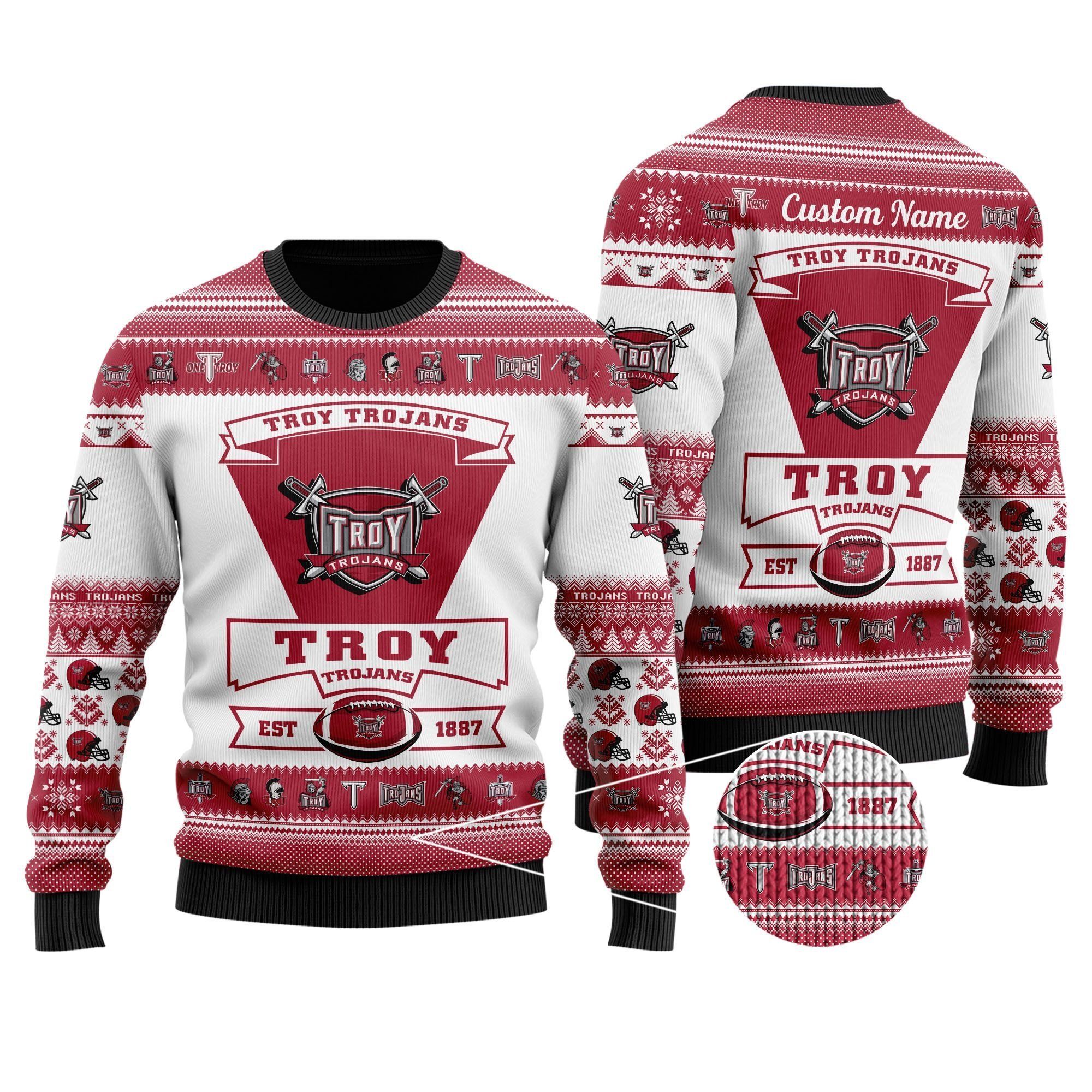 Troy Trojans Football Team Logo Custom Name Personalized Ugly Christmas Sweater Holiday Party Men Women Plus Size